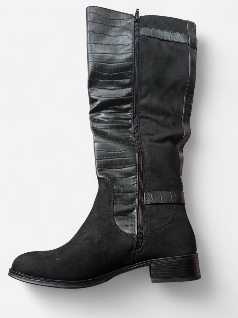 JustFab Black Mid-Calf Mixed-Material Heeled Boot